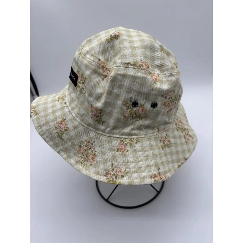 RVCA Women's Reversible Location Bucket Hat Gingham Floral Cream Pink S/M EUC